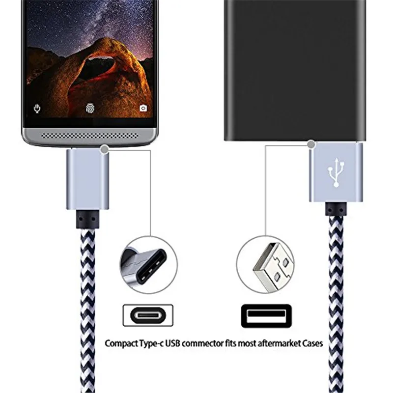 Кабель USB Type-C 1 м 2 3 Нейлоновый для синхронизации данных зарядное устройство Xiaomi