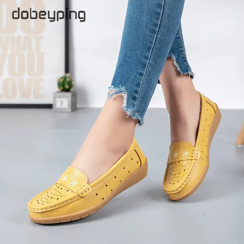 dobeyping Moccasins Women Flats Summer Genuine Leather Shoes Woman Slip On Cut Outs Flat Shoes Women's Soft Walking Shoe Female