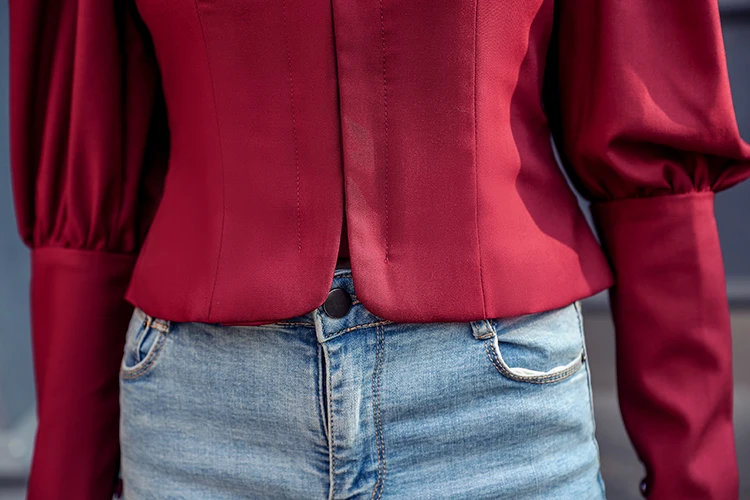 2020 Women's Spring Square Collar Shirt Female Little Sexy Long Sleeve Puff Top Solid Red wine |