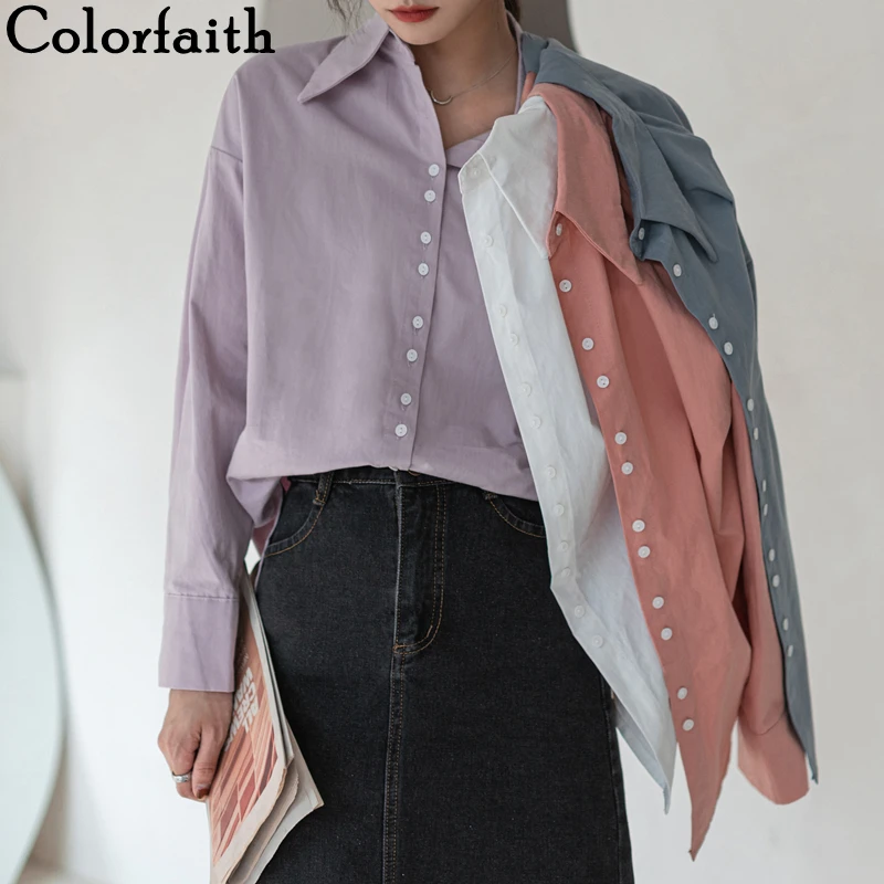 

Colorfaith New 2021 Spring Summer Blouses Shirts Vintage Soild Oversize Korean Style Office Lady Fashionable Pink Tops BL9779