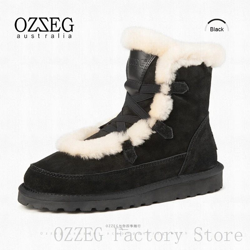 OZZEG/Роскошные брендовые дизайнерские зимние ботинки женская австралийская подкладка из натуральной овечьей шерсти зимняя обувь из натуральной кожи с мехом женская обувь наивысшего качества - Цвет: Черный