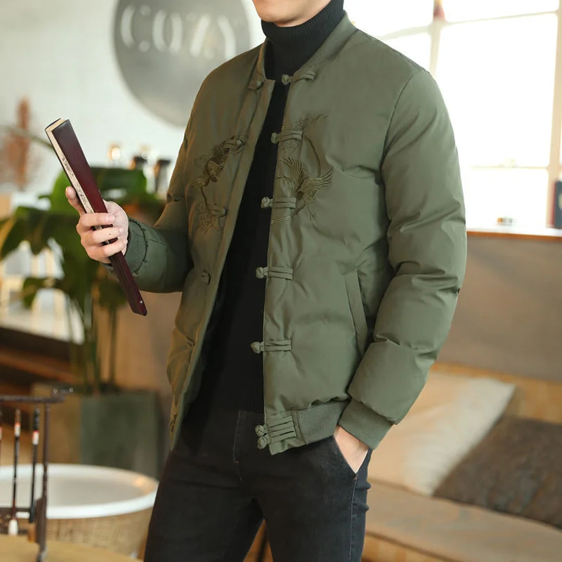 MRGB Men's Winter Fleelce Thick Bubble Coat Chinese Lucky Cloud Embroidery Solid Color Casual Parka Male Fashion Cotton Coat