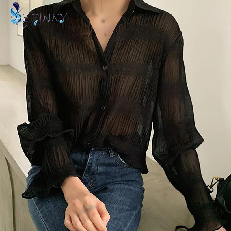

EFINNY Women's Lapel Blouse Fashion Solid Color Trumpet Sleeve Thin Tops Casual Long Sleeve Chiffon Shirt