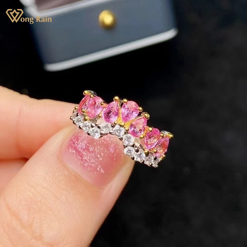 

Wong Rain 100% 925 пробы серебряный Природный розовый сапфир создан Moissanite драгоценный камень обручение бурильный ряд кольцо ювелирные изделия