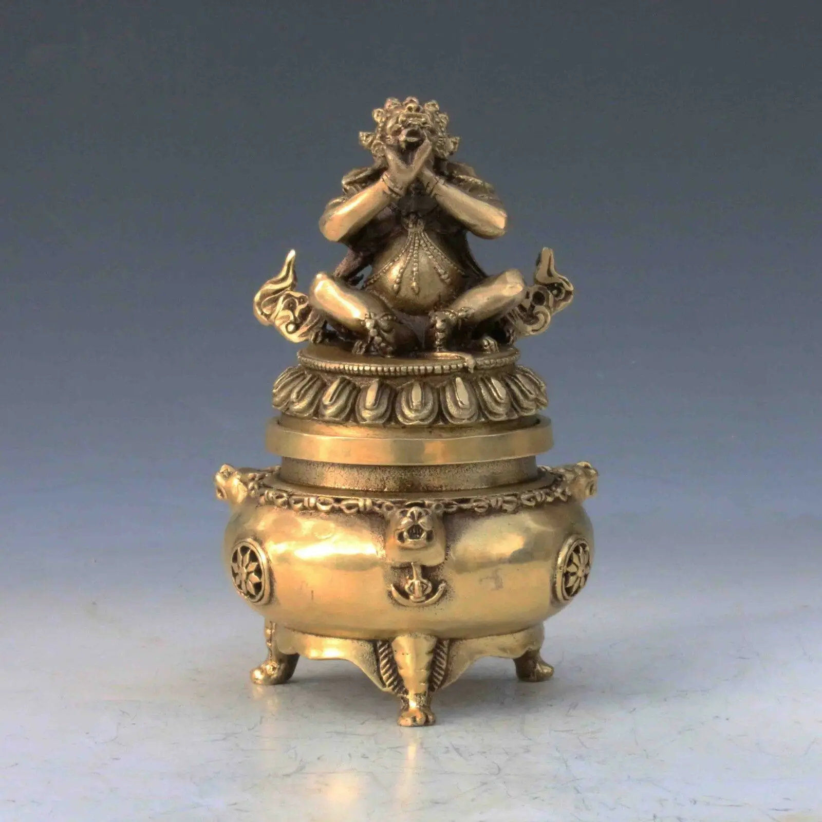 

Chinese Brass Handwork Carved God Buddha Incense Burner & Lid