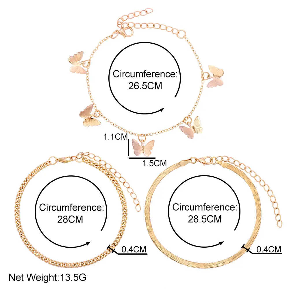 

3pcs/set Silver Color Metal Butterfly Charm Anklets Bracelet Set For Women Summer Sandals Snake Ankle Chain Barefoot Jewelry New