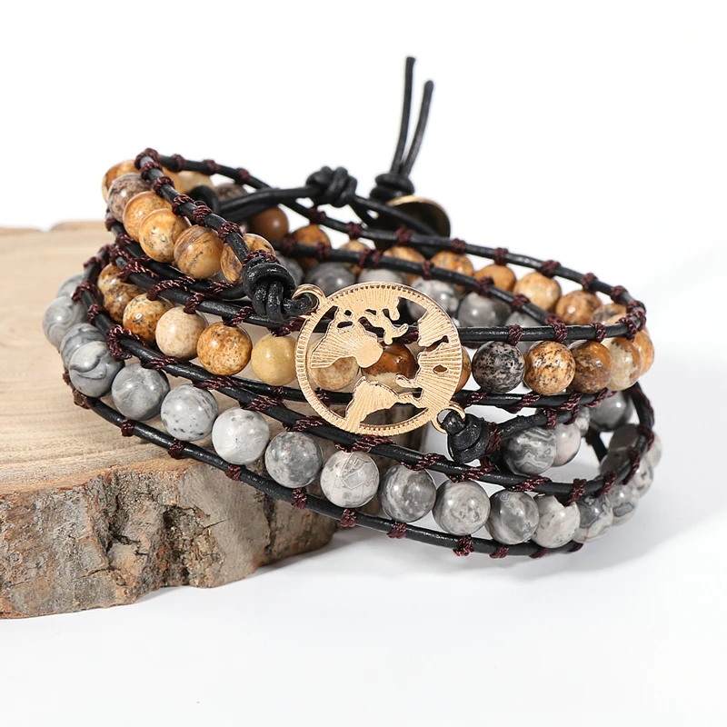 Мужские и женские браслеты с натуральным изображением карты камень бисер Карта