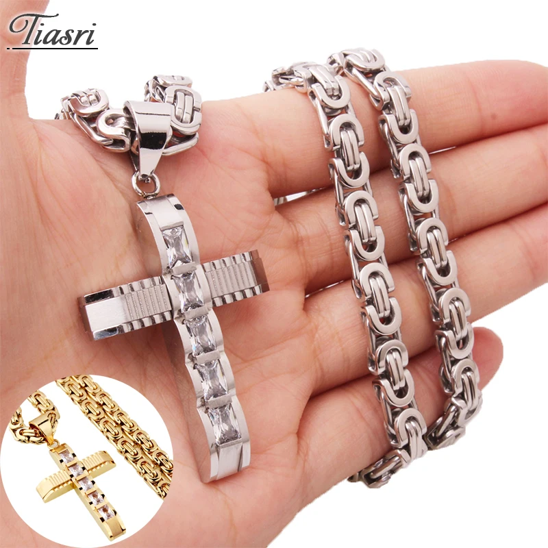 

Tiasri Cross Pendant Necklace 6mm Byzantine Chain Halloween Friends Gift High Quality Stainless Steel Choker Steampunk Jewelry