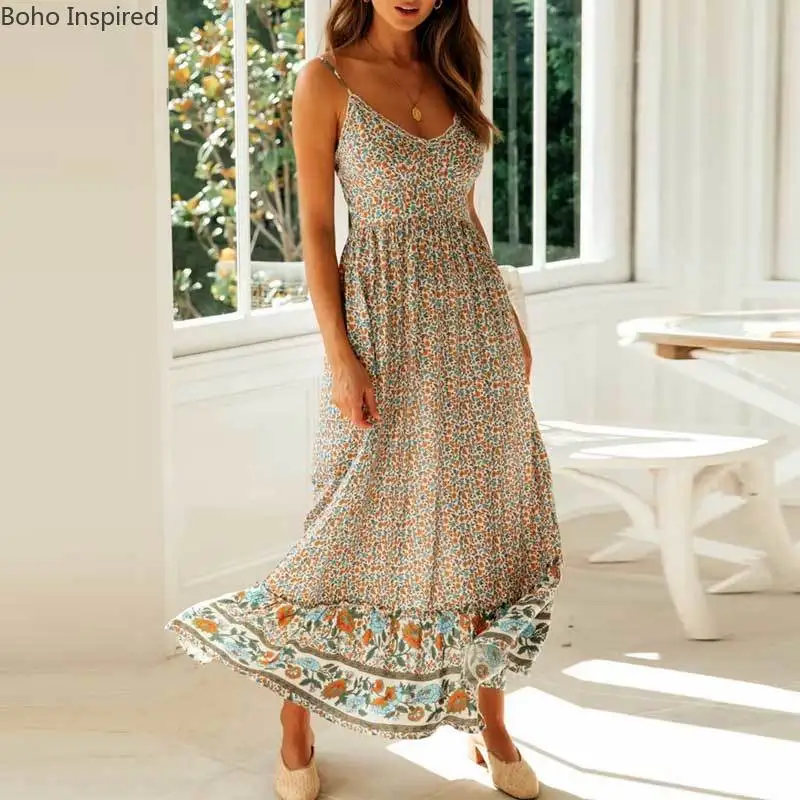 Богемный Вдохновленный цветочный принт без рукавов длинное бохо платье для