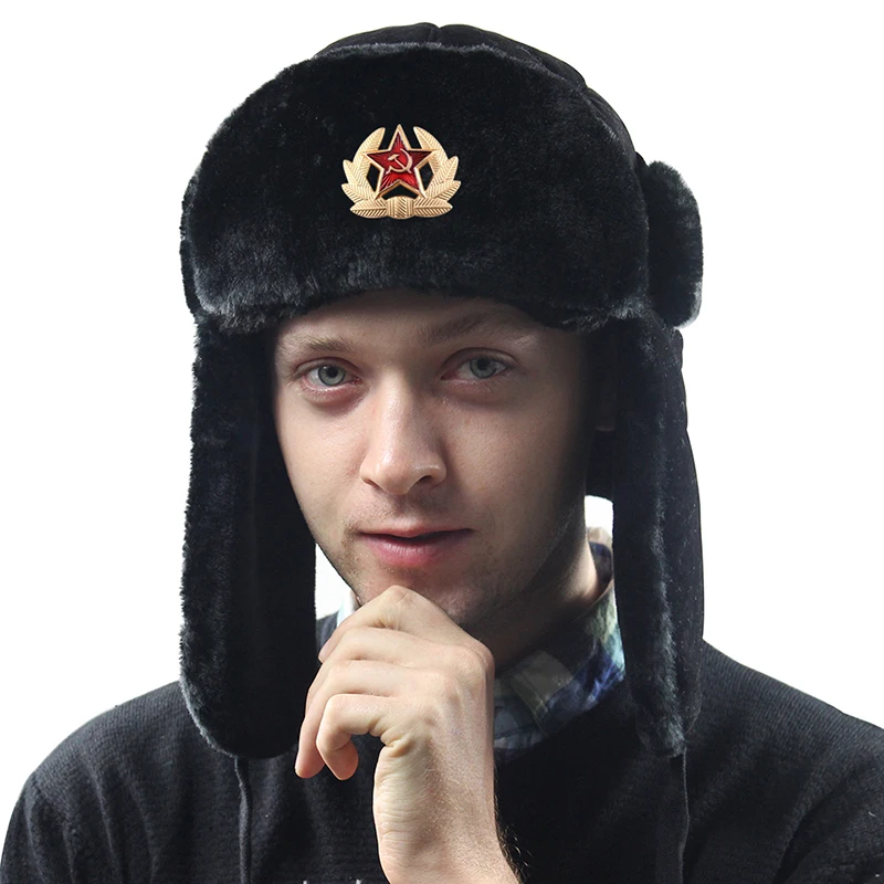 Советская армия, военный значок, Россия, ушанка, шапки-бомберы, летчик, охотник, шапка, зимняя, искусственный мех кролика, ушанка, мужские снежные шапки