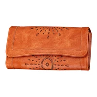 50pcs lot female wallets hollow out vintage leather long purse women card holder coin purse ladies clutch wallet carteira femi