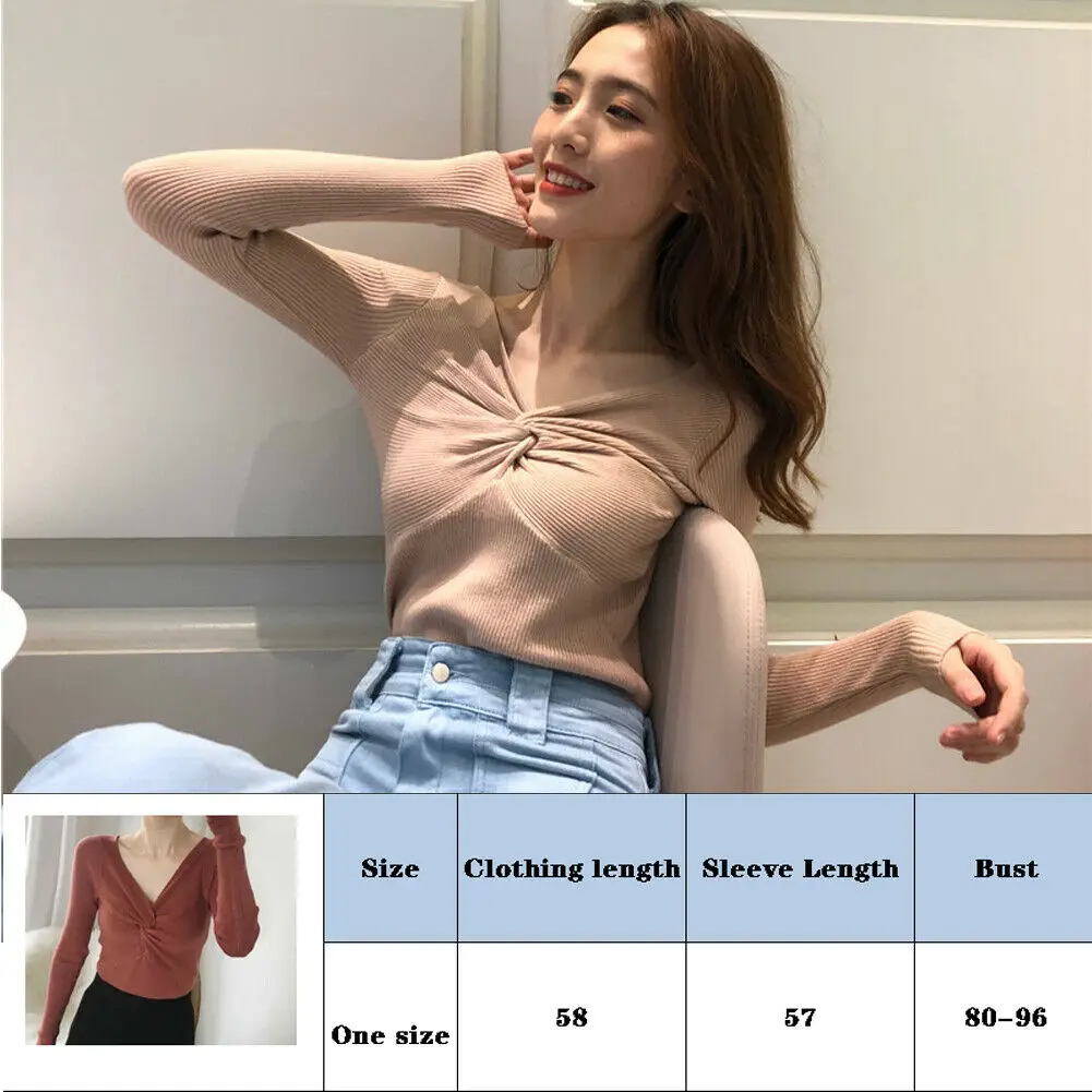 

Sexy Women Ladies Striped solid color Long Sleeve V Neck Casual Elastic Jumper Knit Tops Pullover Blouse