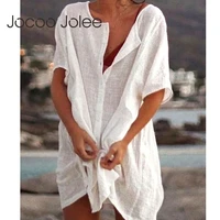 jocoo jolee women loose round neck solid half sleeve buttons summer casual blouse basic office lady beach t shirts oversized