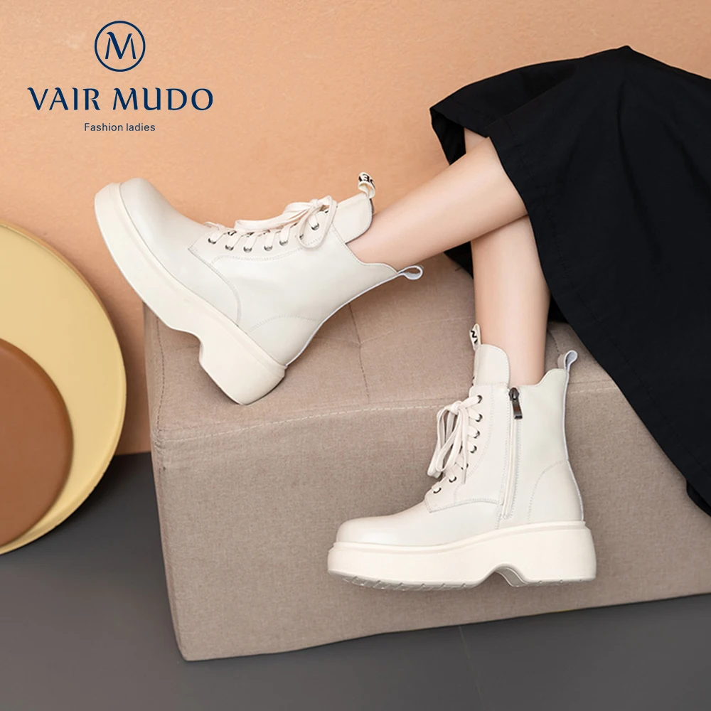 Beli VAIR MUDO Sepatu Bot Pergelangan Kaki Musim Semi Musim Gugur Wanita Kulit Asli Diikat Silang Ujung Jari Bundar Berenda Elegan Mode Putih Hitam WM-X62