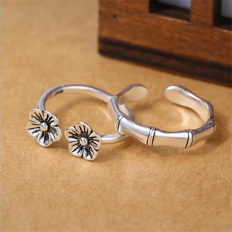 

New Retro Personality Couple Creative 925 Sterling Silver Jewelry Not Allergic Plum Flower And Bamboo Opening Rings SR462