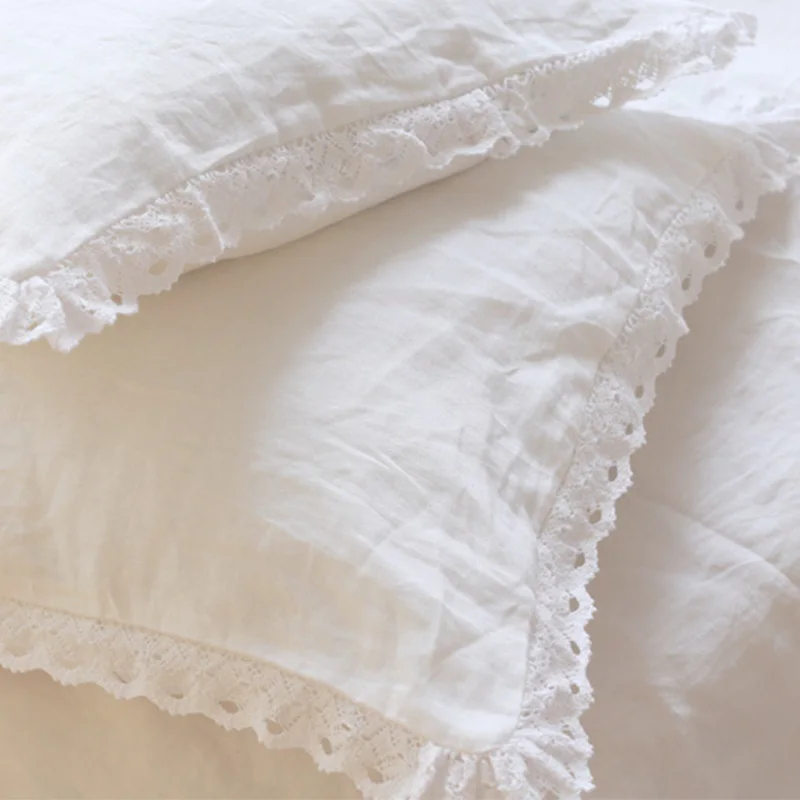Mcao One Piece Elegant White Cutwork Lace Pure Linen Matching Pillowcase Bedding Crochet Eyelet Ruffled Sham Pillow Cover TJ3962