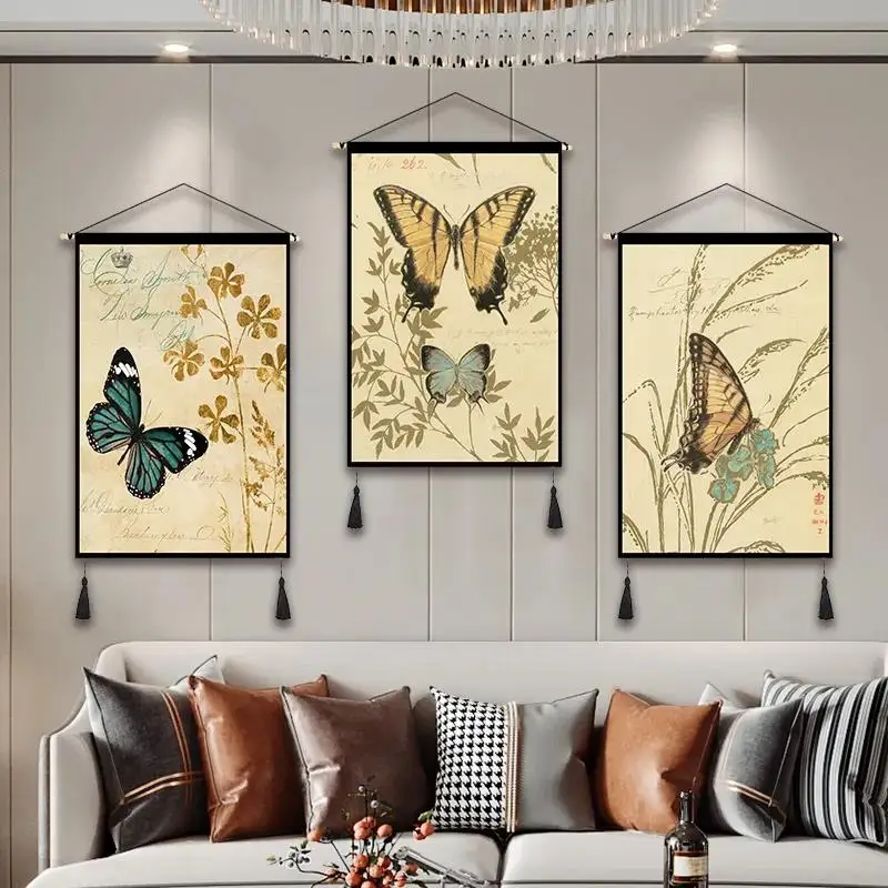 

Ins Flowers Canvas Paintings Print Art Posters Living Room Decor Nordic Butterflies Scroll Painting Hanging Wall Tapestry Decor