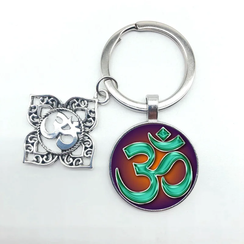 

New Mandala Lotus Glass Pendant Keychain Sacred Amulet OHM OM AUM Buddhist Zen Men's Women's Keychain Jewelry Gift