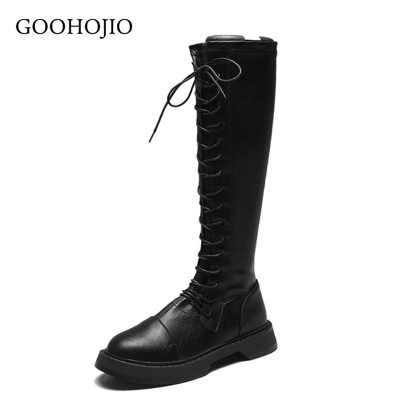 

GOOHOJIO 2021 Retro Thick Knee-high Knight Boots Women Shoes Fashion Lace-up Leather Shoes Women Autumn Square Heel Boots Woman
