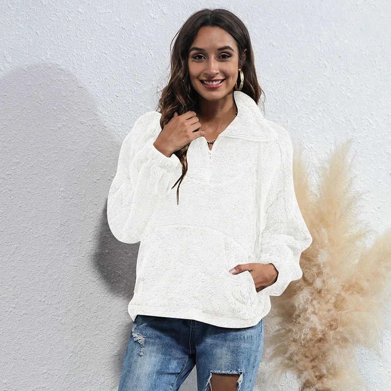 

Women's Fashion New Popular Stand Collar Drawcord Casual Zipper Pocket Plush Sweater 1615fashion