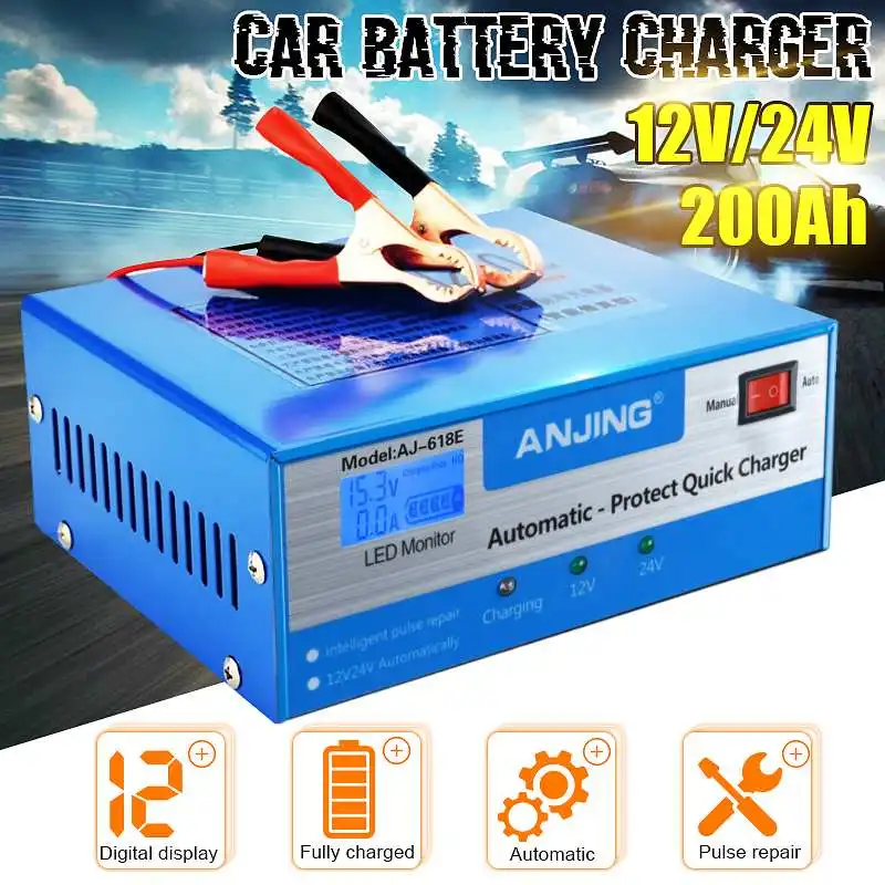 

Car Battery Charger Automatic Intelligent Pulse Repair 130V-250V 200AH 12/24V Five Charging Modes Lead Acid Battery With Adapter