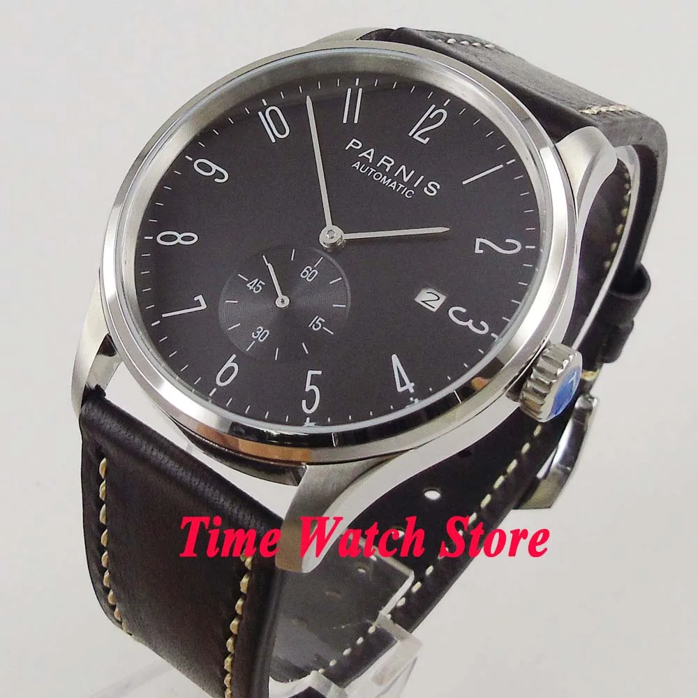 

42mm Parnis 5ATM ST 1731 Automatic men's watch black dial silver hands Arabic numerals DATE Leather 954