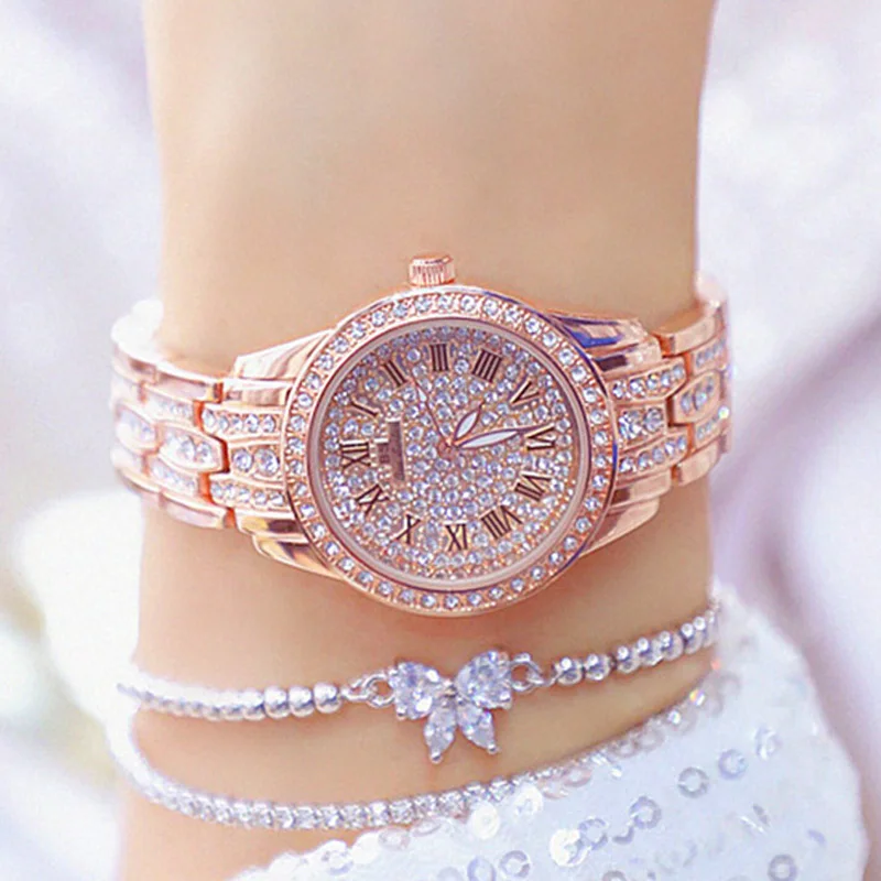 Часы наручные женские из розового золота с римскими цифрами и