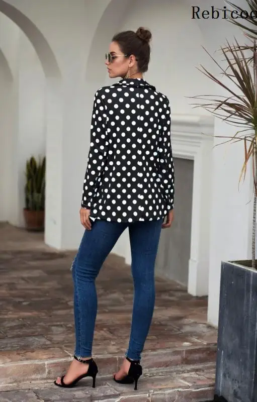 Женский Повседневный пиджак в горошек черный офисный с рукавами складку деловая