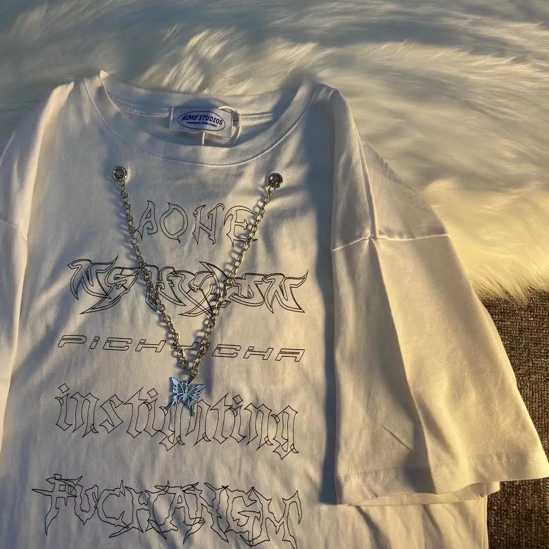 

Pop Dark Necklace Letter Print Shirt Short Sleeve Trend Casual Cool Men Top harajuku shirts clothing goth clothes punk clothes