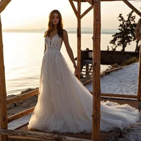 lace appliques boho tulle wedding dresses spaghetti strap v neck beach wedding dress princes bridal gown 2021 suknia slubna