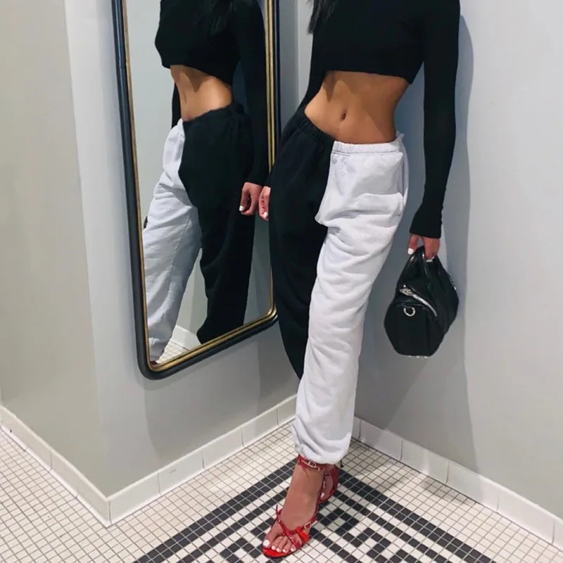 Casual Sporty Women Sweatpants Autumn Fashion 2019 Patchwork Trousers Winter Workout High Waist Color Blocking Long Pants Slim | Женская