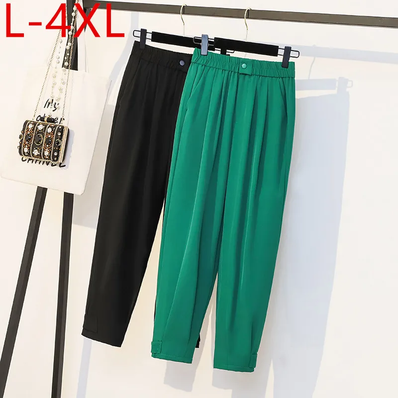 

Plus Size Harem Pants For Women 2021 New Summer Large Green/Black Loose Elastic Waist Wide Leg Female Trousers L XL 2XL 3XL 4XL