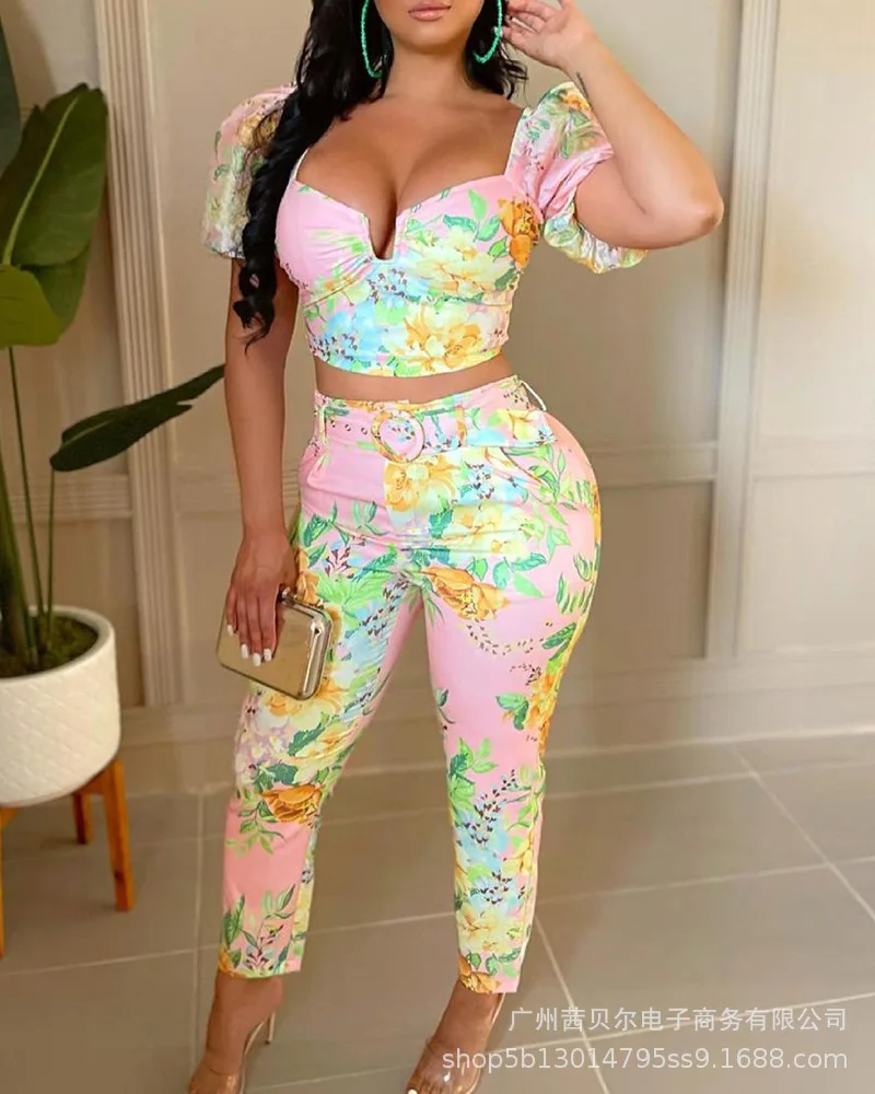 

Женский комплект одежды из 2 предметов, новый стильный розовый топ с коротким рукавом и цветочным принтом + брюки-карандаш с высокой талией, ...