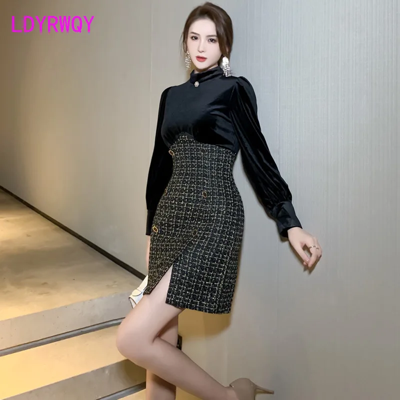 

new autumn/winter rough flower velvet skirt temperament Polyester Office Lady Sheath Solid French dress