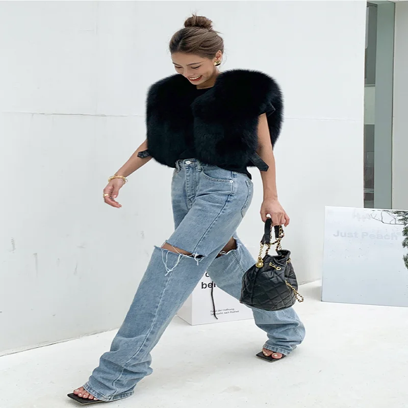 Fox Fur Vest 2021 New Style Young Women's Vests Black Winter Jacket Waistcoat Fur Sleeveless Gilet Autumn Winter Clothes Women