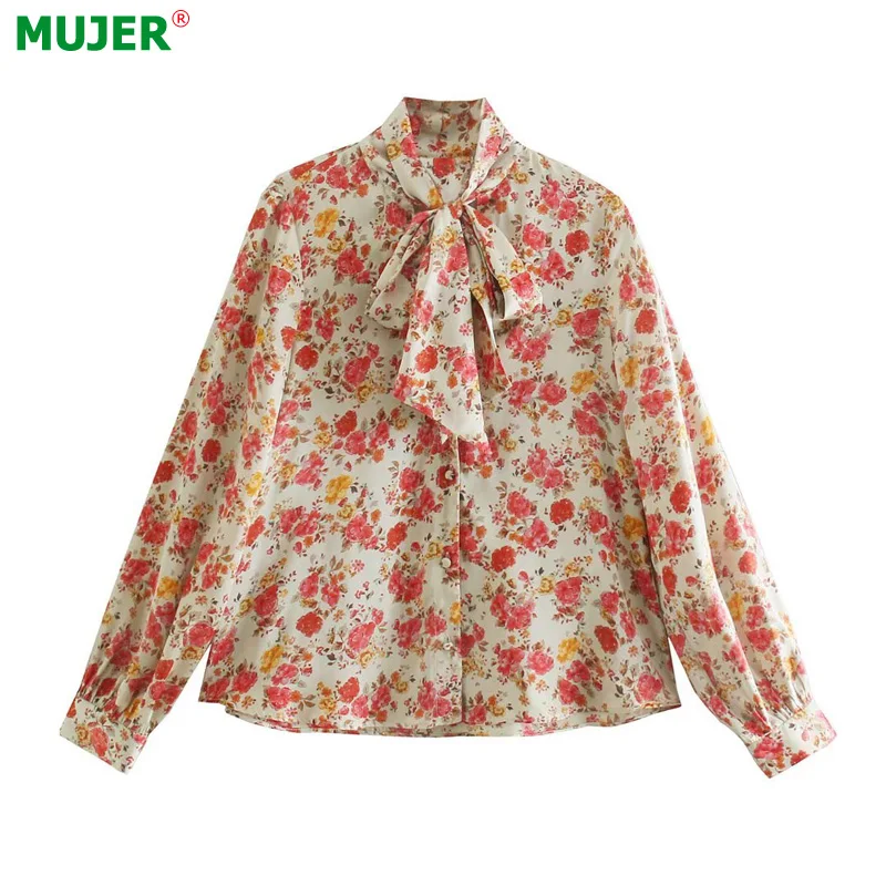 

MUJER Za Floral Shirt Women Print Button Up Shirts Woman Long Sleeve Bow Top Female Fall 2021 Elegant Women Blouses and Shirts