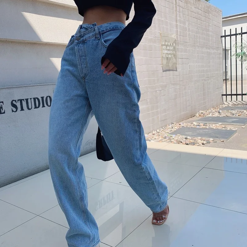 

SHZQ Vintage 90s Women Straight Leg Jeans Asymmetric Waist Loose High Waist Jeans Fashion Casual Women Summer Denim Pants