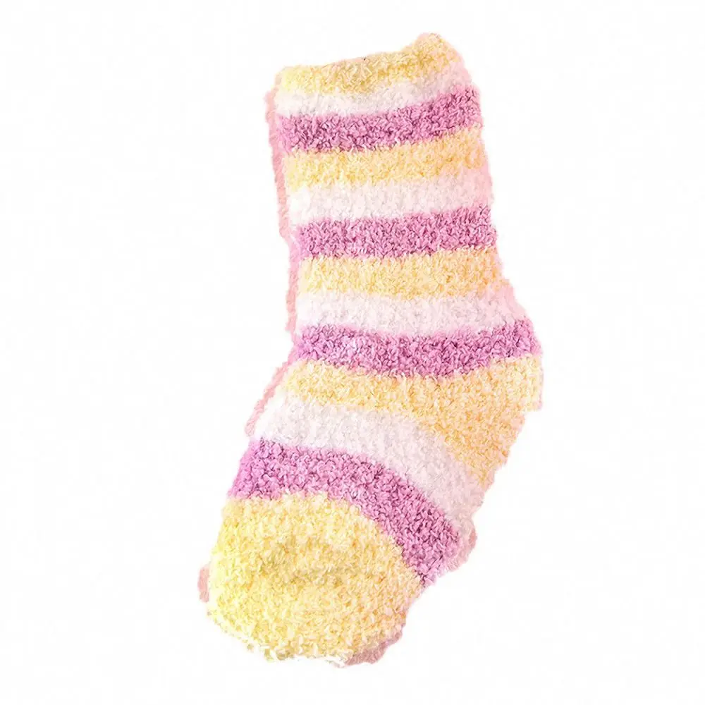 Милые коралловые флисовые полосатые зимние носки теплые пушистые детские для