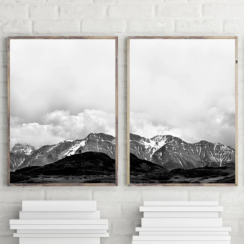 Современная Картина на холсте снежные горы постеры и принты черный белый Пейзаж