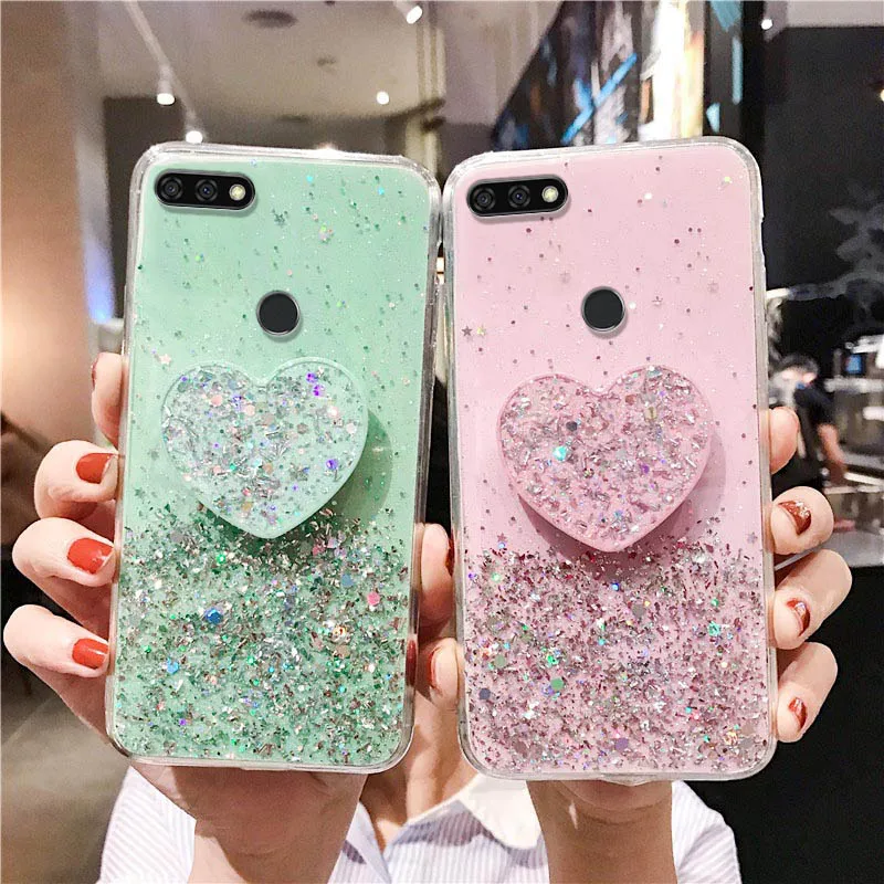 

Bling Glitter Phone Case For Huawei Honor 7A 7C Pro Cases Heart Holder Cover Huawei Honor 7 A 7 C RU Pro Honor7A Soft Cover Capa
