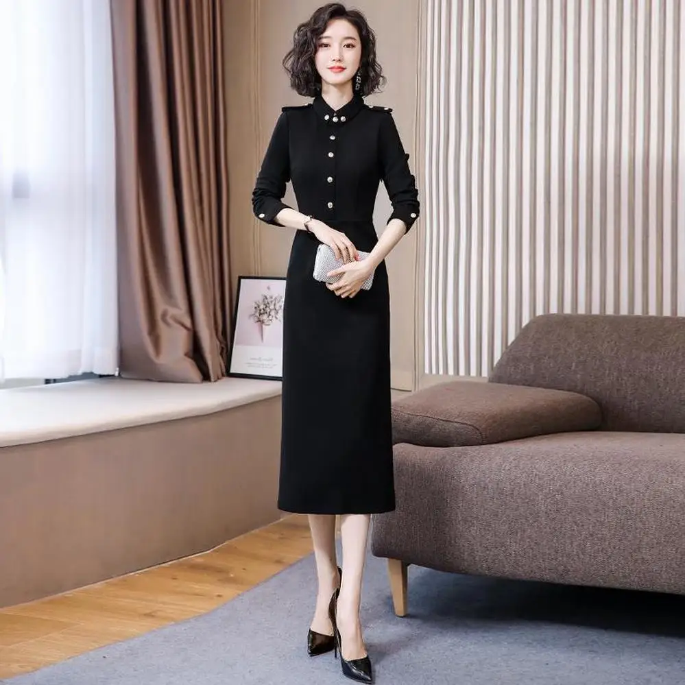 

2020 new Sheath Office Lady Knee-Length Regular Polyester Dress women autumn and winter black