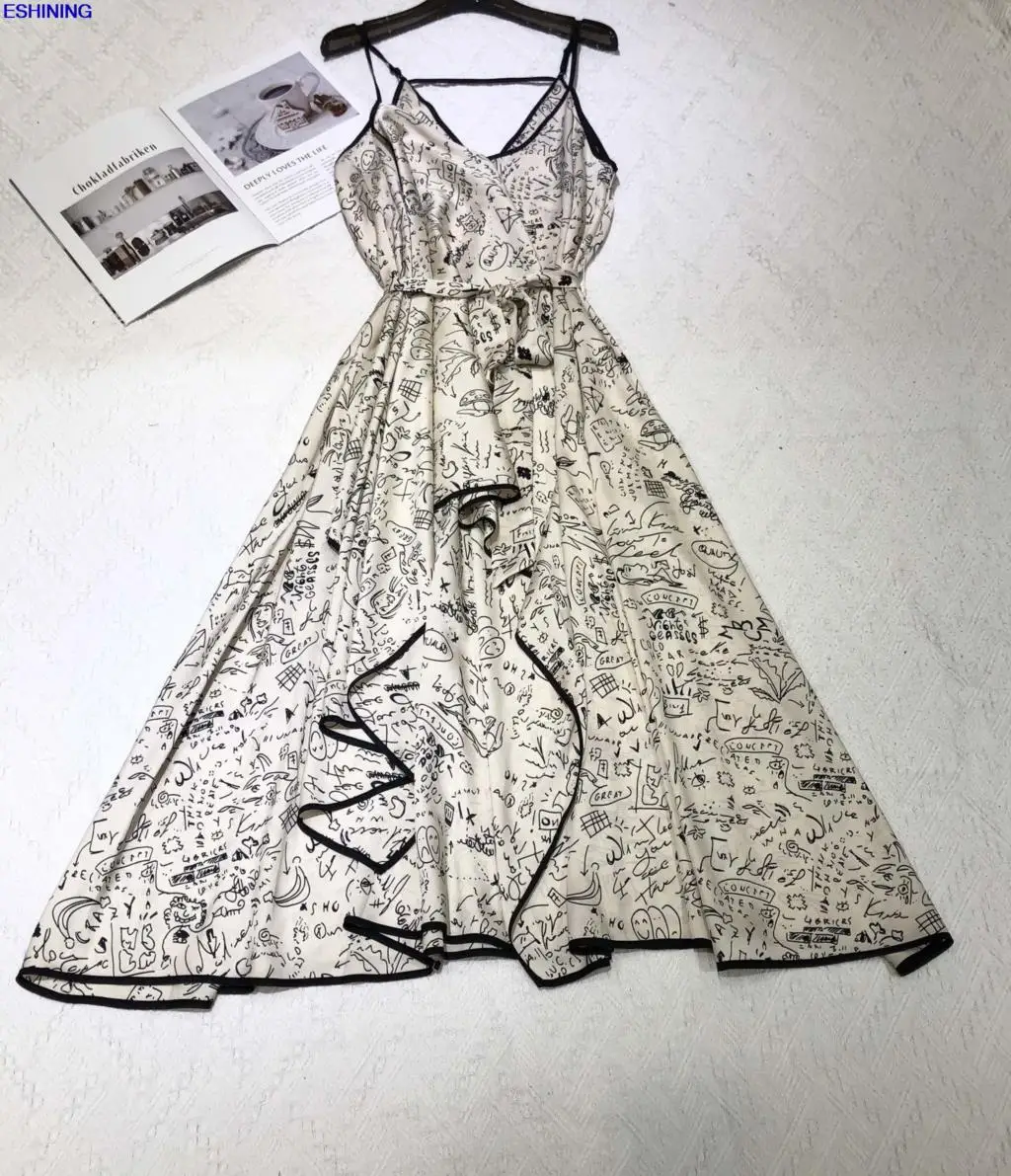 

Свободное платье на бретельках во французском стиле, модель 2021 года, комикс с принтом граффити, Цветные элементы