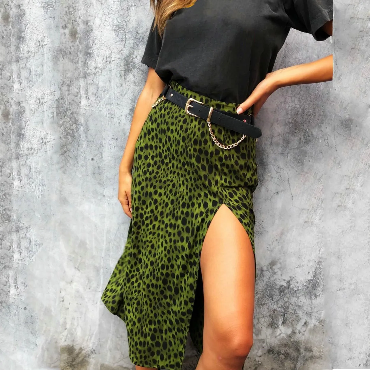 

Women Wrap High Waist Skirt Ladies Casual Leopard Printed High Split Skirts Slim Leopard Party Skirt