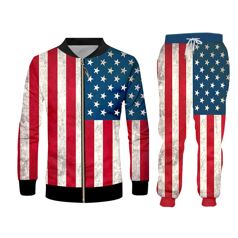UJWI 2019 Novelty Harajuku 3d American Flag Suit Stars Stripes Print Pants And ZIP hoodie 2 Piece Set Men/women Jogger | Мужская одежда