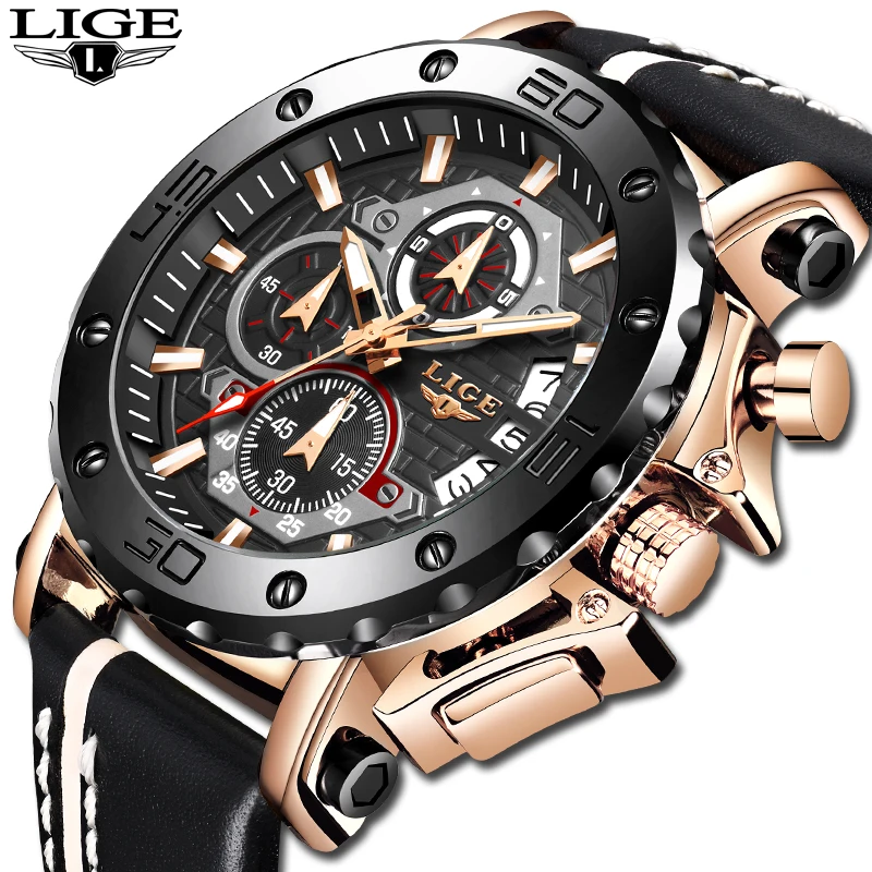 Часы наручные LIGE мужские с большим циферблатом повседневные деловые спортивные