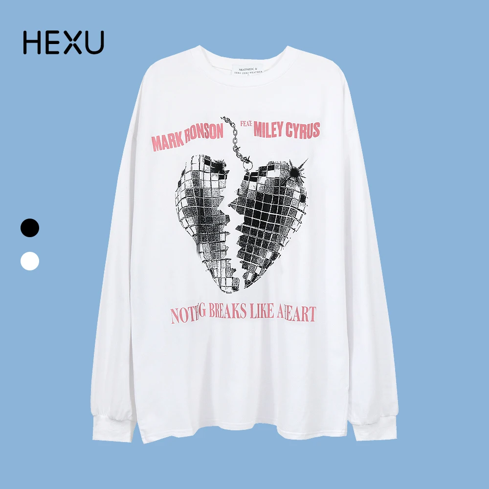

White Men's T-shirts Fashion Cotton Tee Shirt Broken Heart Print Harajuku Streetwear Graphic Tshirts Long Sleeve Tops A917