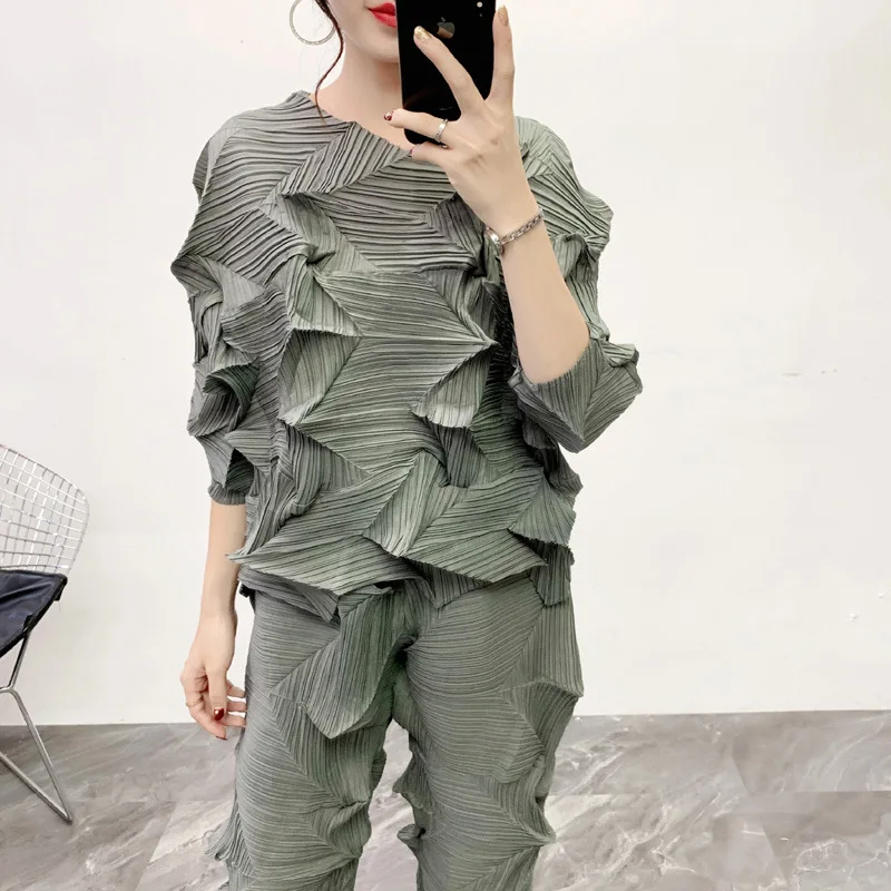 grey top 2 шт. наряды для женщин Miyake складки пожалуйста однотонный повседневный комплект пуловер футболка длинные широкие брюки осенний модный костюм - Цвет: grey top