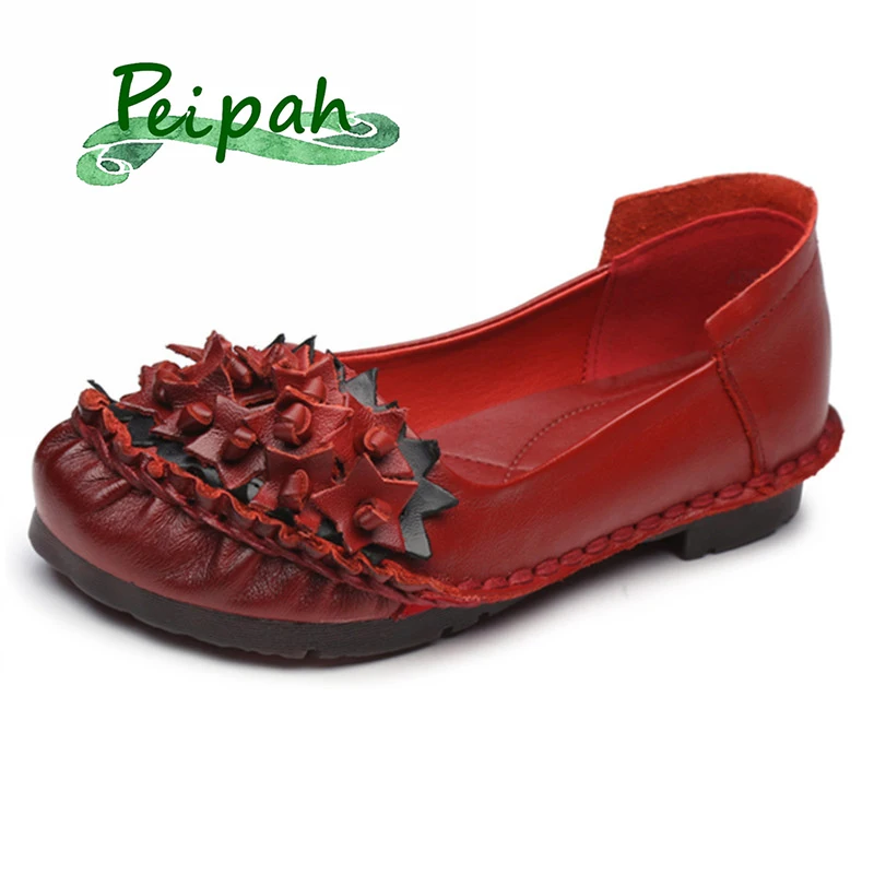 

Женские туфли PEIPAH на плоской подошве, винтажные однотонные туфли из натуральной кожи с цветочным принтом, черные и красные