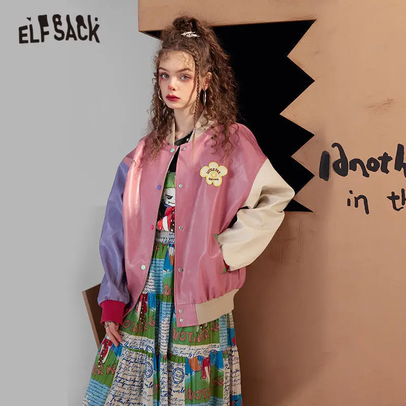 

Женские повседневные куртки ELFSACK с цветными блоками, 2021 зимнее пальто с длинным рукавом в Корейском стиле