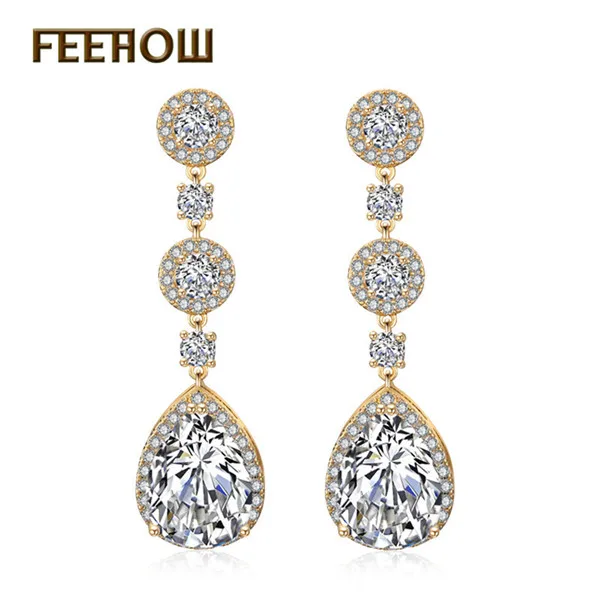 Gold Color FEEHOW, классические, прозрачные, AAA, кубический циркон, капля воды, длинные, модные серьги-подвески для женщин, для свадьбы, ужина, вечерние, ювелирные изделия, FWEP2008 - Окраска металла: Gold Color